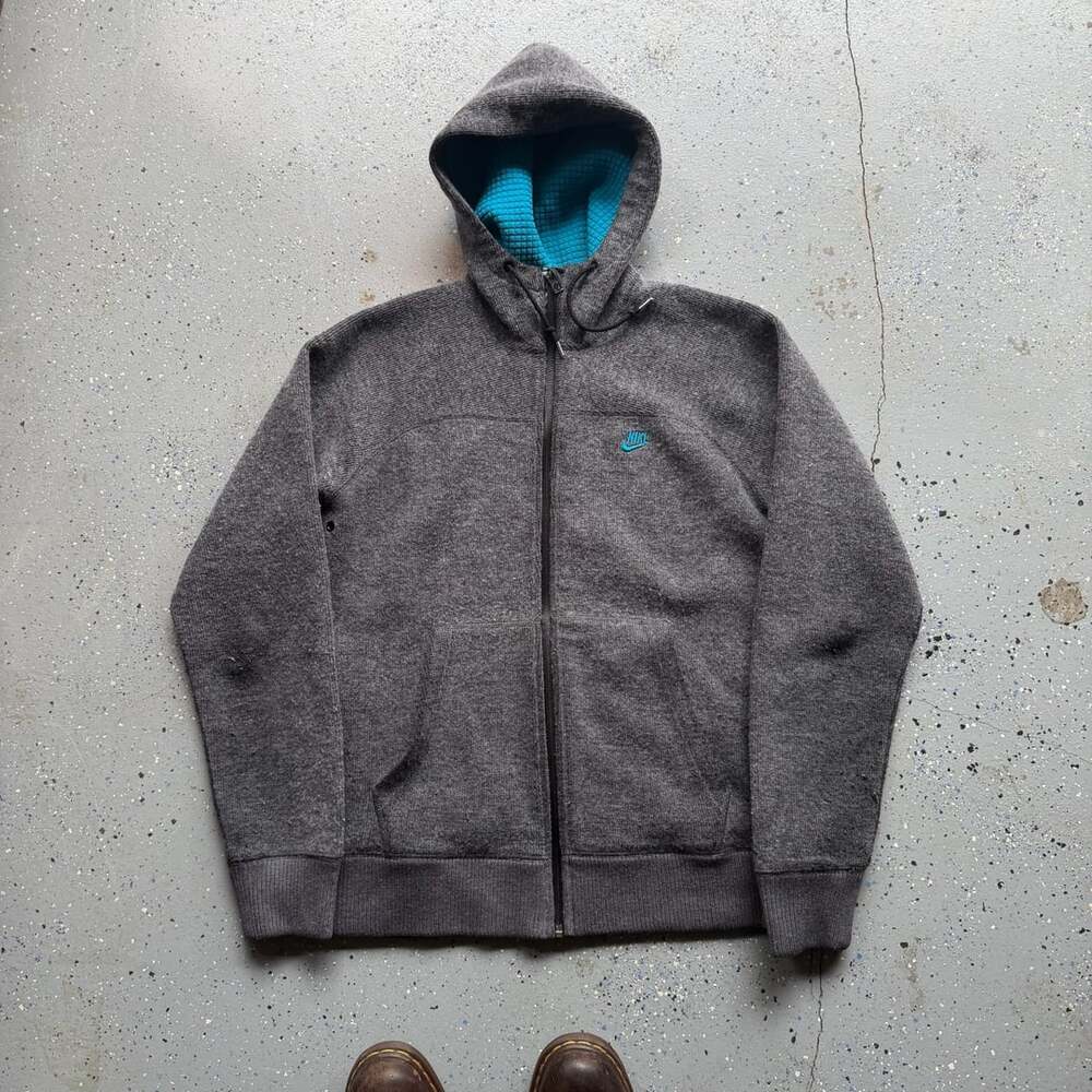 Nike AW77 Ascent Wool Hoodie Medium Charcoal Heather Turquoise